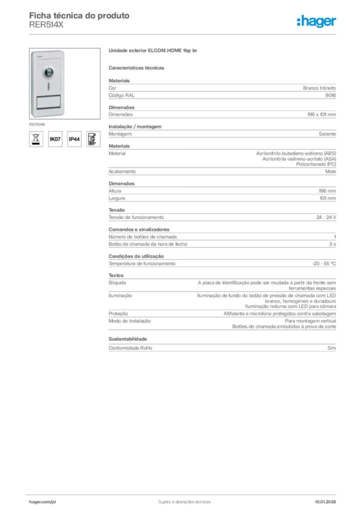 Imagem Hager Ficha técnica do produto RER514X | Hager Portugal