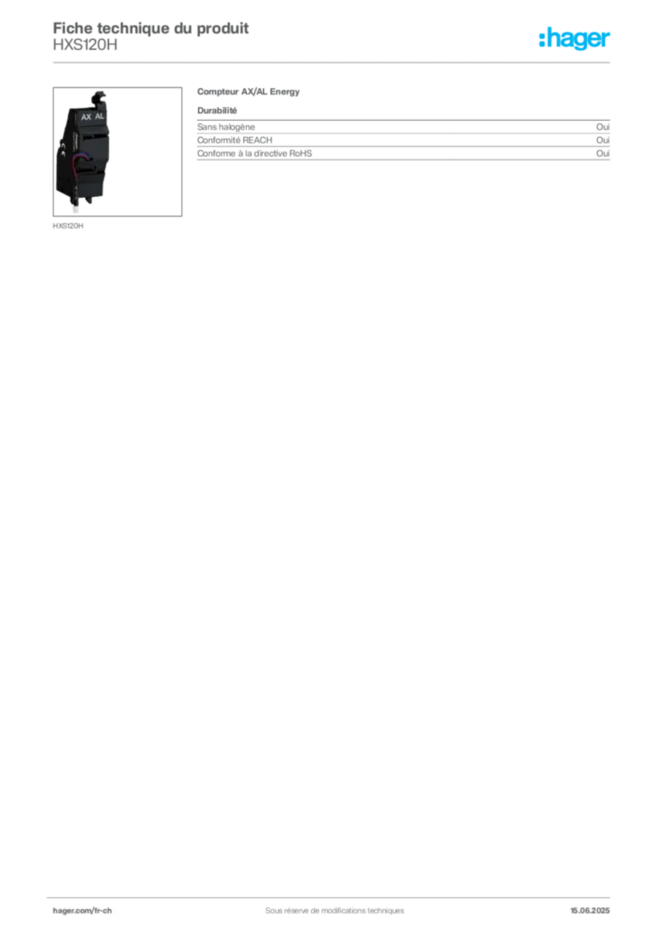 Image Hager Fiche technique du produit HXS120H | Hager Suisse