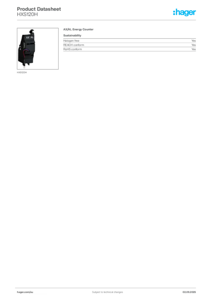 Image Hager Product data sheet HXS120H  | Hager Australia