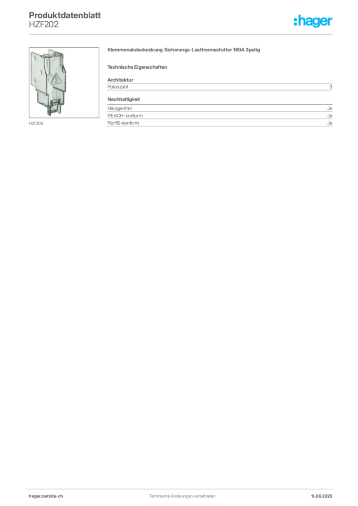 Bild Hager Produktdatenblatt HZF202 | Hager Schweiz