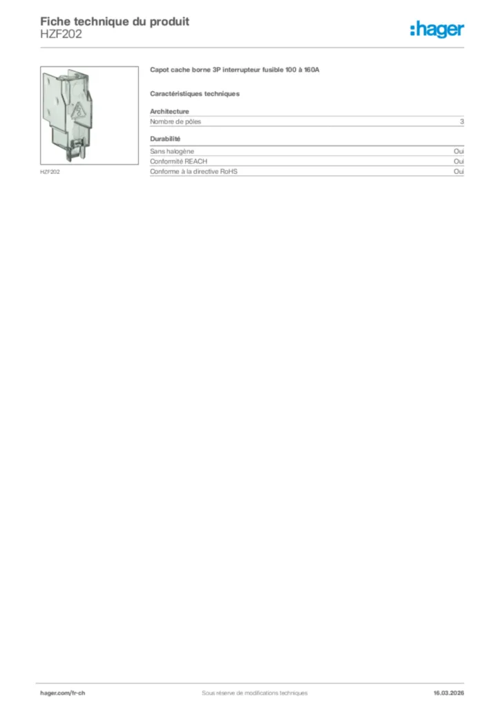 Image Hager Fiche technique du produit HZF202 | Hager Suisse