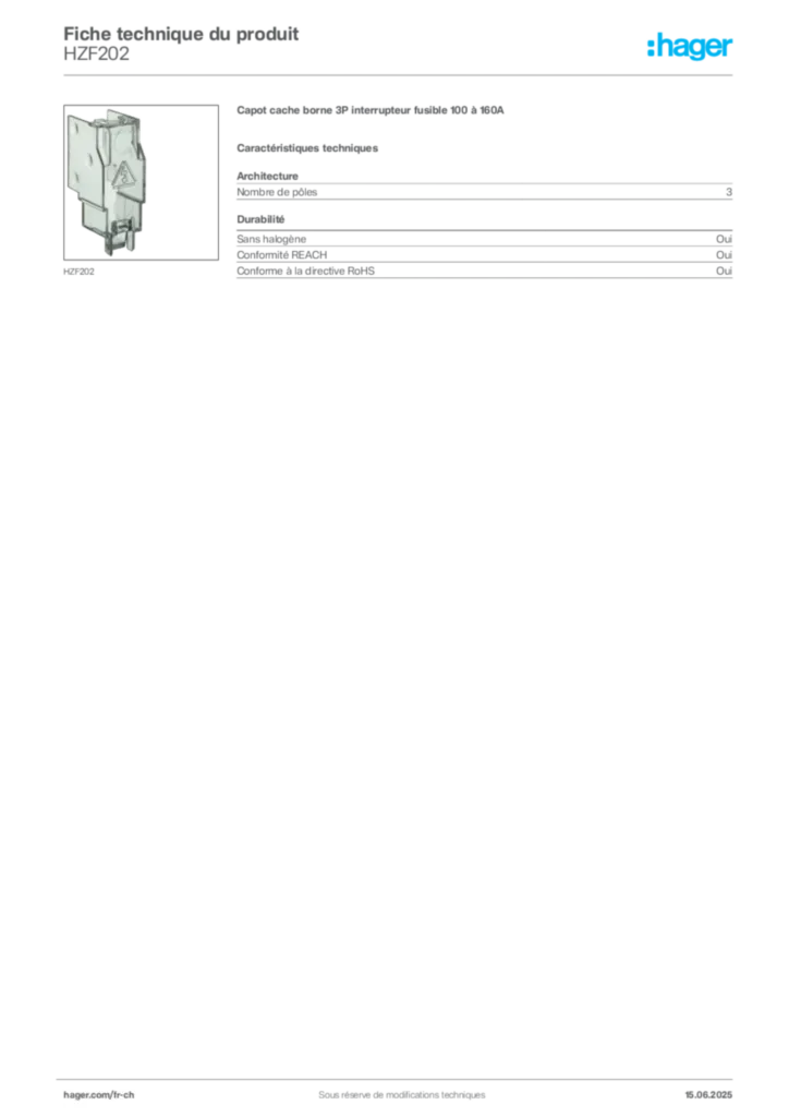 Image Hager Fiche technique du produit HZF202 | Hager Suisse