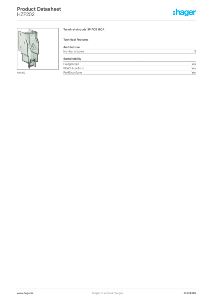 Image Hager Product data sheet HZF202  | Hager