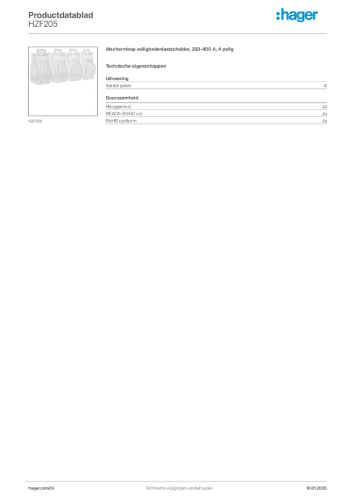 Afbeelding Hager Productdatablad HZF205 | Hager Nederland