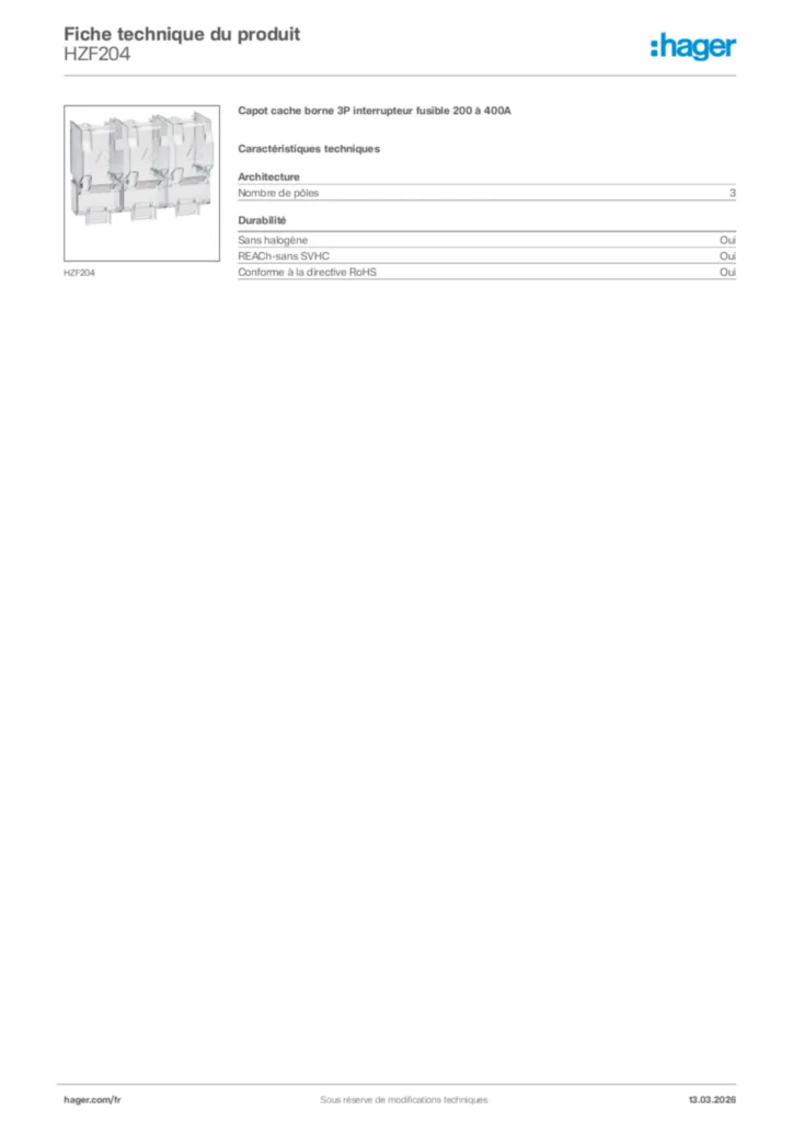 Image Hager Fiche technique du produit HZF204 | Hager France