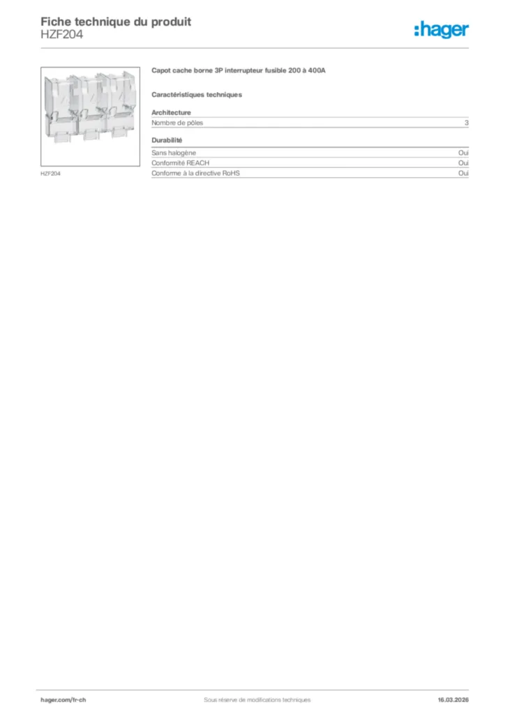 Image Hager Fiche technique du produit HZF204 | Hager Suisse