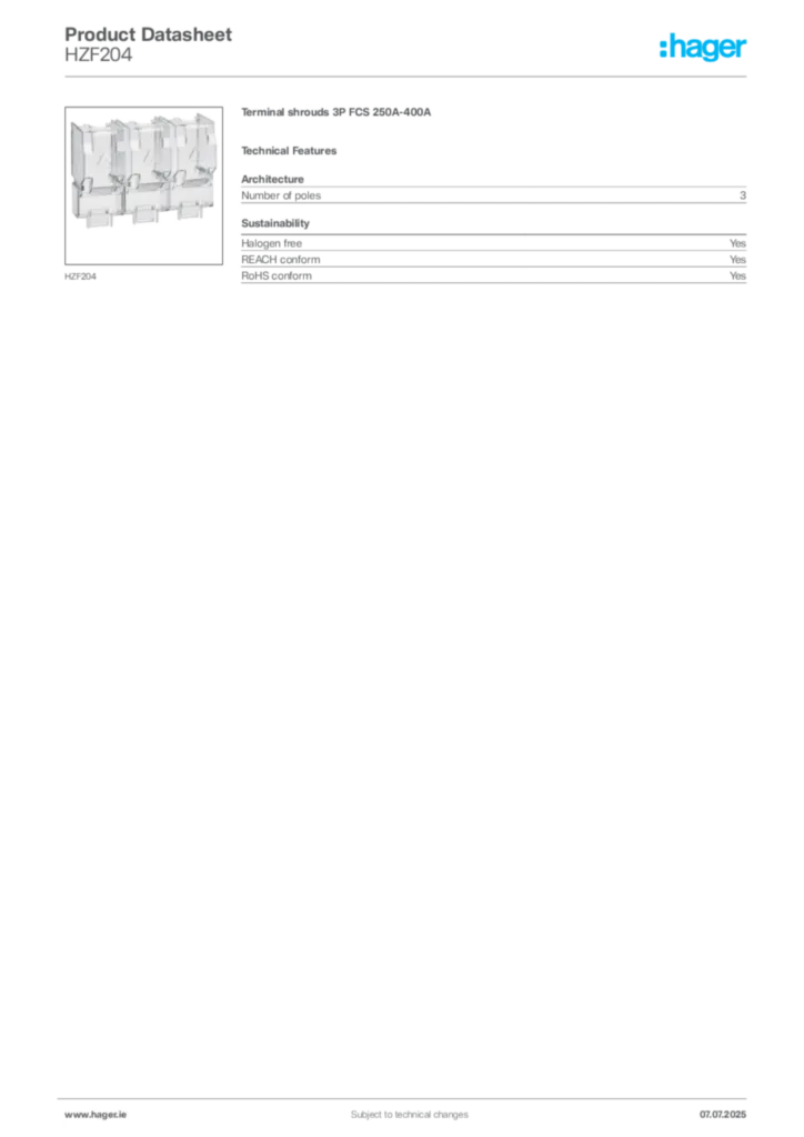 Image Hager Product data sheet HZF204  | Hager