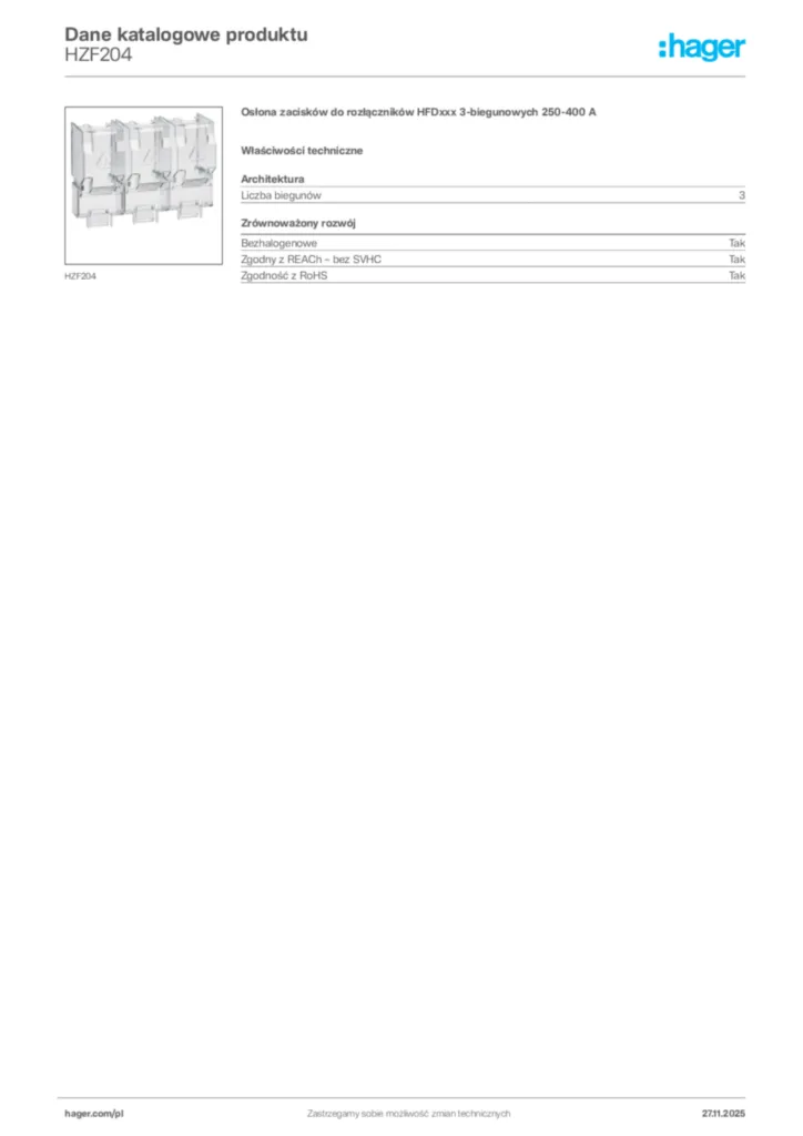 Zdjęcie Hager Karta katalogowa HZF204 | Hager Polska