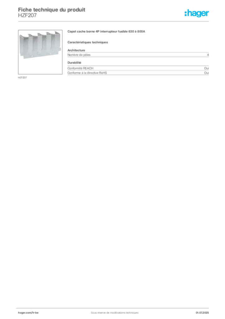 Image Hager Fiche technique du produit HZF207 | Hager Belgique