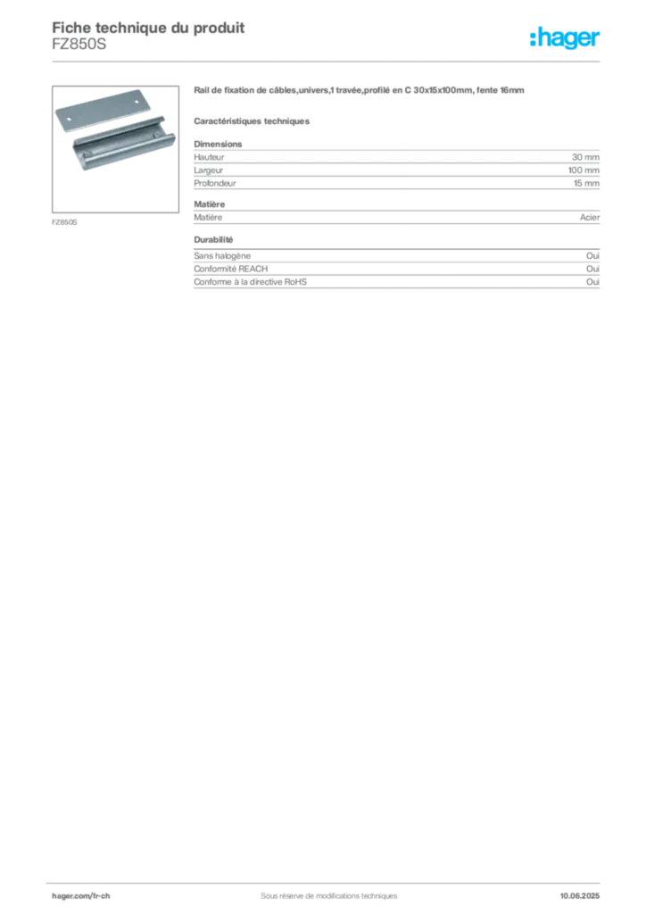 Image Hager Fiche technique du produit FZ850S | Hager Suisse