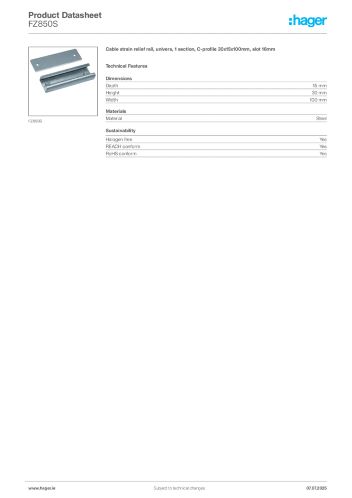 Image Hager Product data sheet FZ850S  | Hager