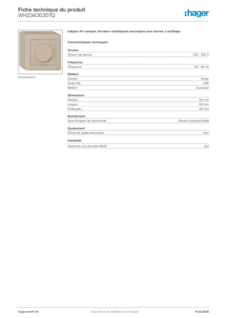 Image Hager Fiche technique du produit WH23430307Q | Hager Suisse