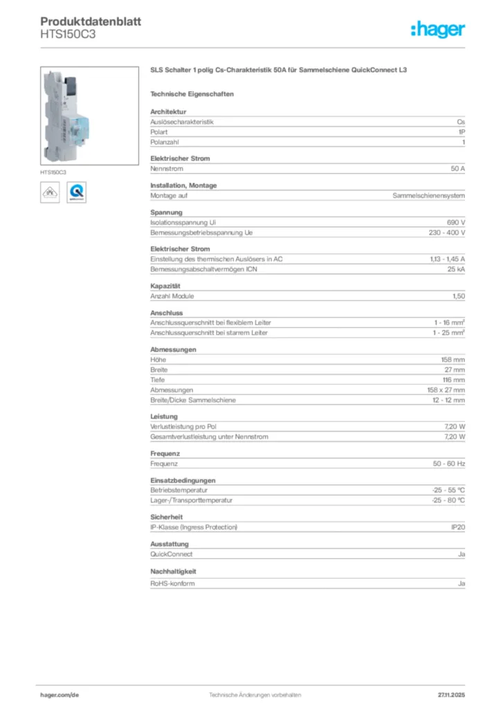 Hager Produktdatenblatt HTS150C3