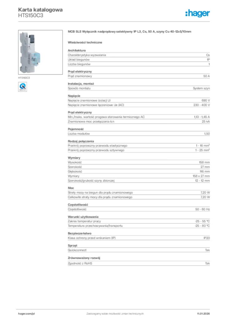 Zdjęcie Hager Karta katalogowa HTS150C3 | Hager Polska