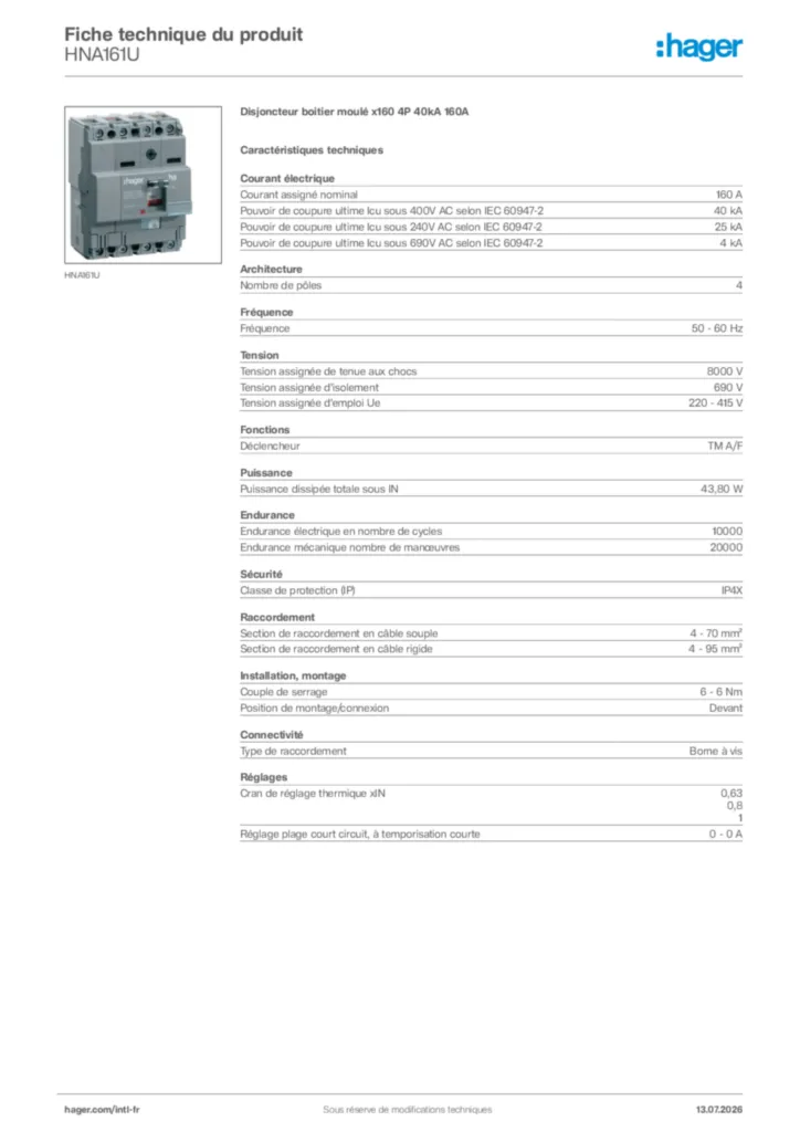 Image Hager Fiche technique du produit HNA161U | Hager Afrique