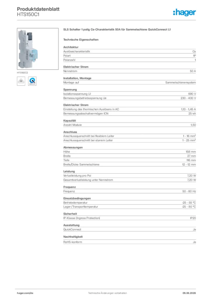 Bild Hager Produktdatenblatt HTS150C1 | Hager Deutschland