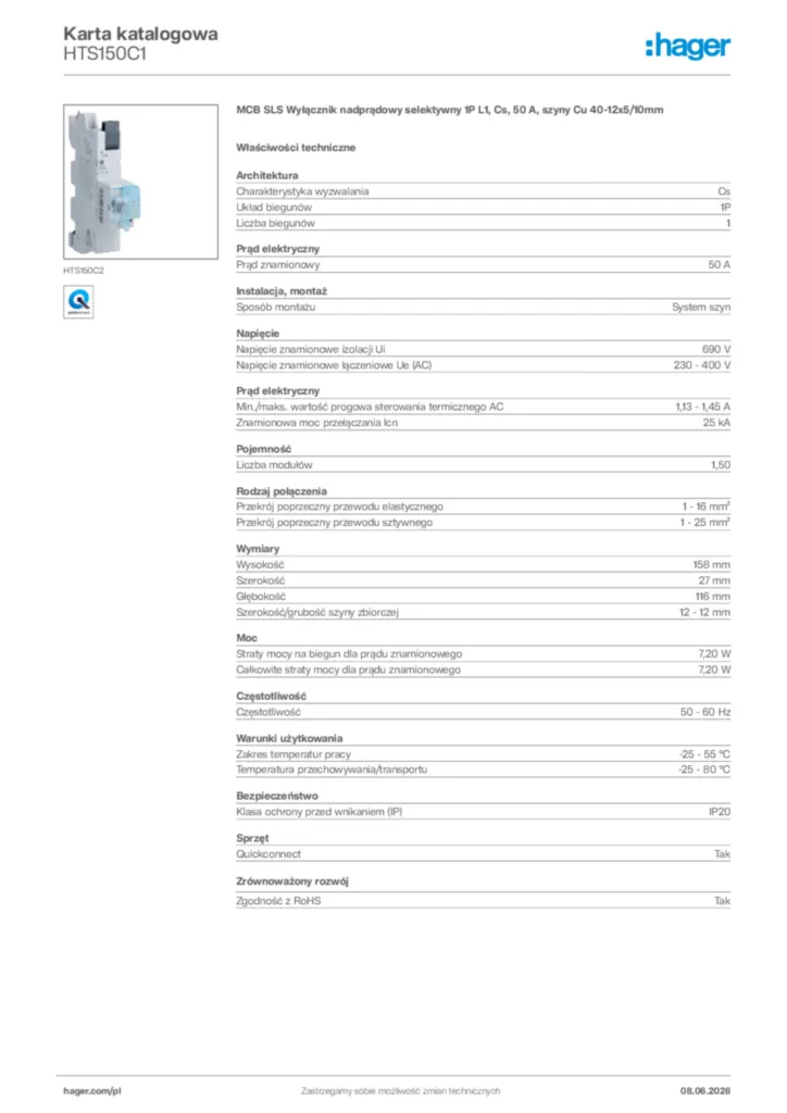 Zdjęcie Hager Karta katalogowa HTS150C1 | Hager Polska