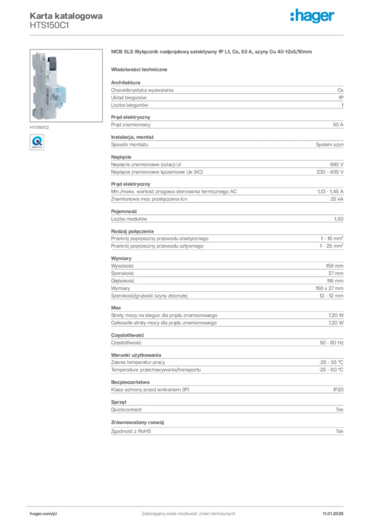 Zdjęcie Hager Karta katalogowa HTS150C1 | Hager Polska