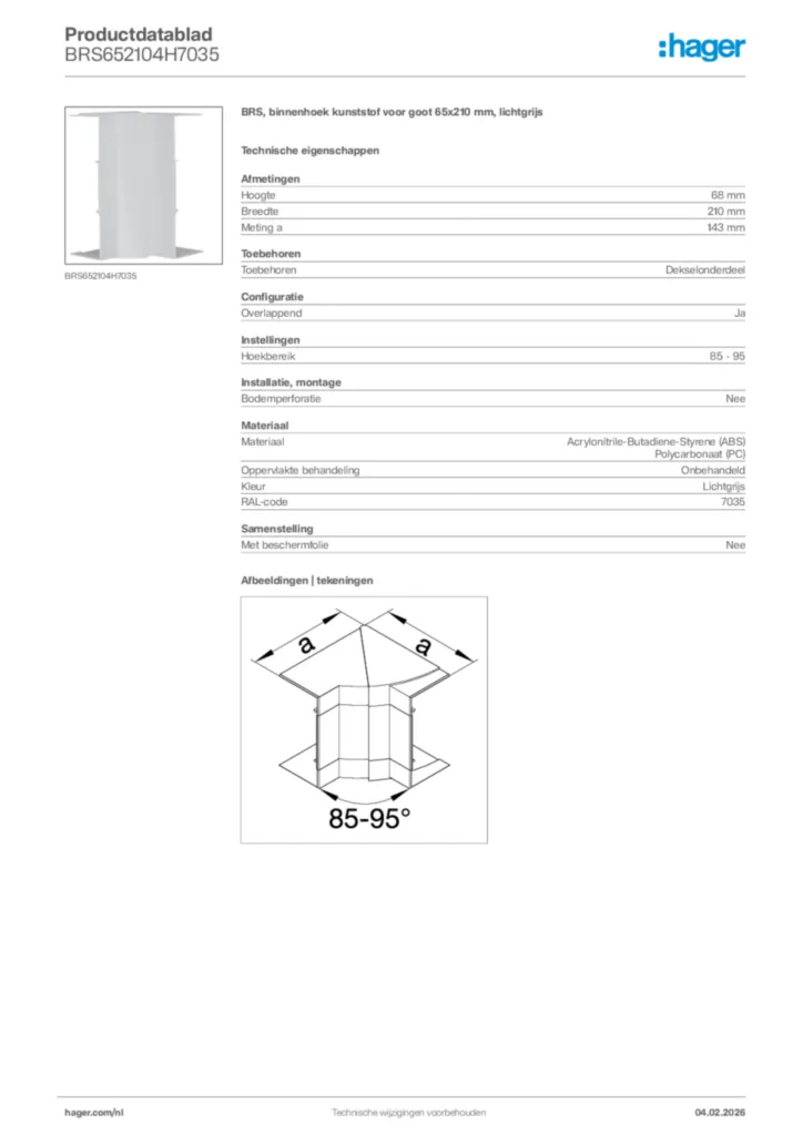 Afbeelding Hager Productdatablad BRS652104H7035 | Hager Nederland