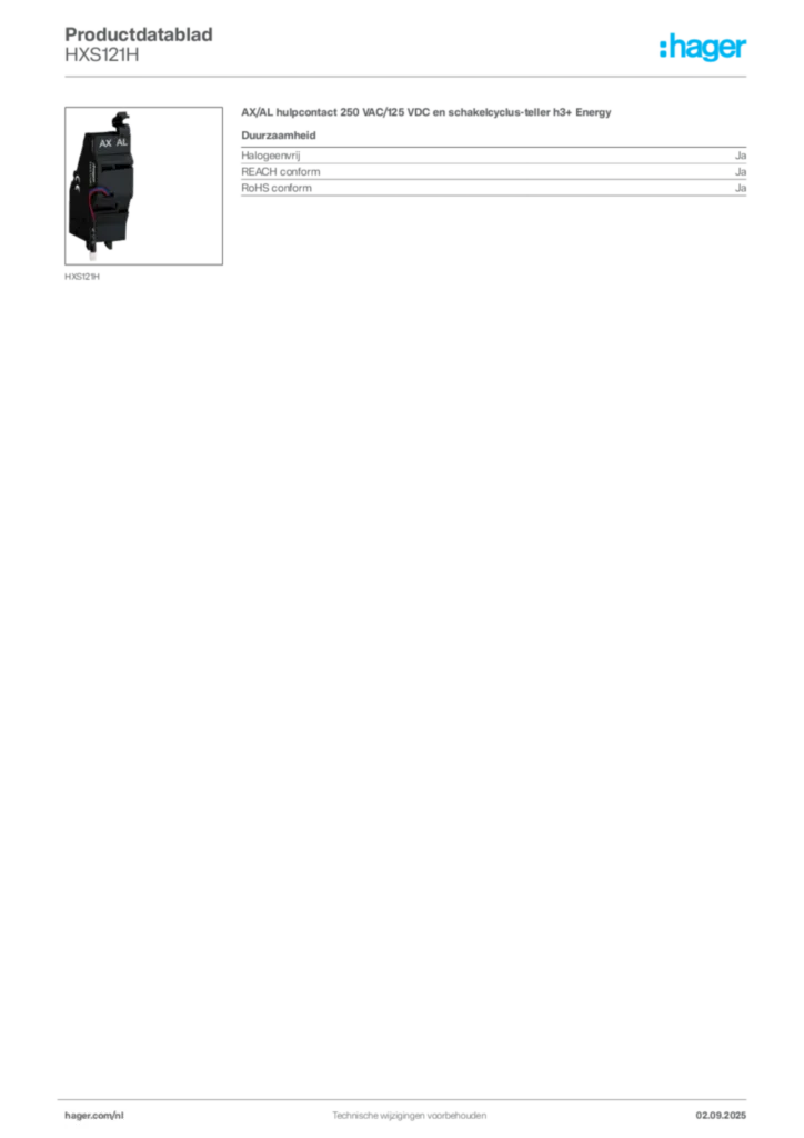 Afbeelding Hager Productdatablad HXS121H | Hager Nederland