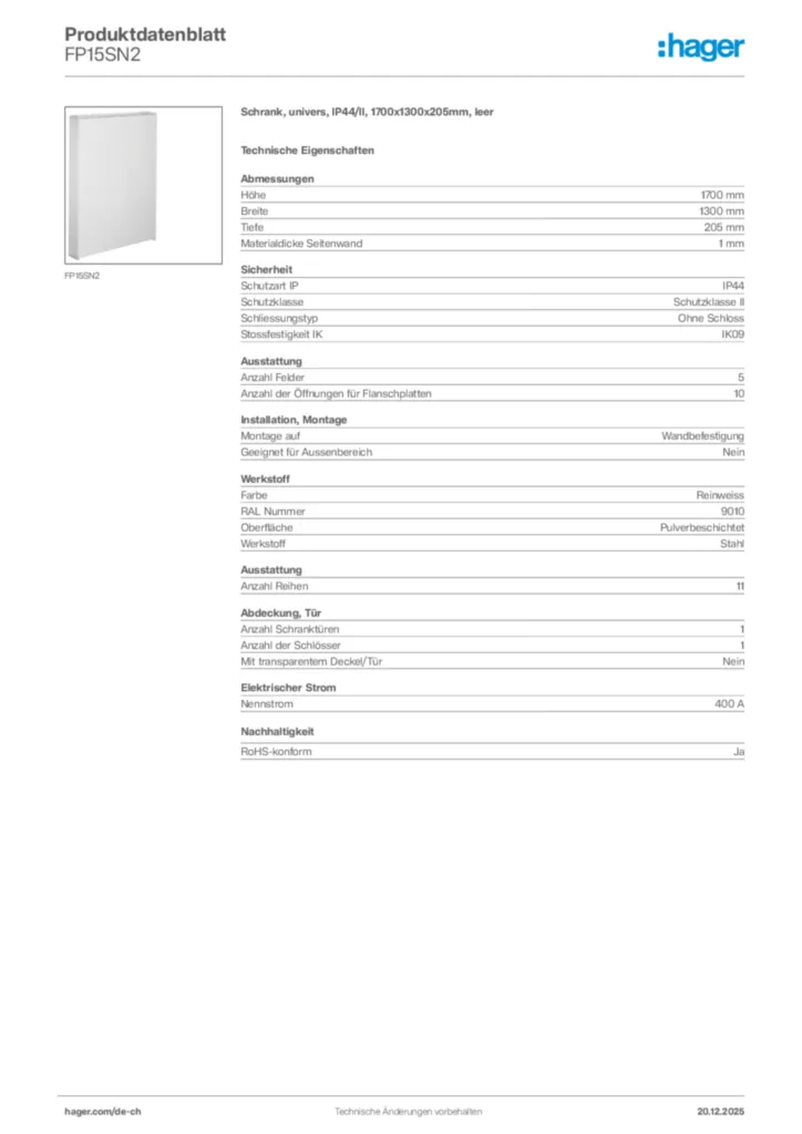 Bild Hager Produktdatenblatt FP15SN2 | Hager Schweiz