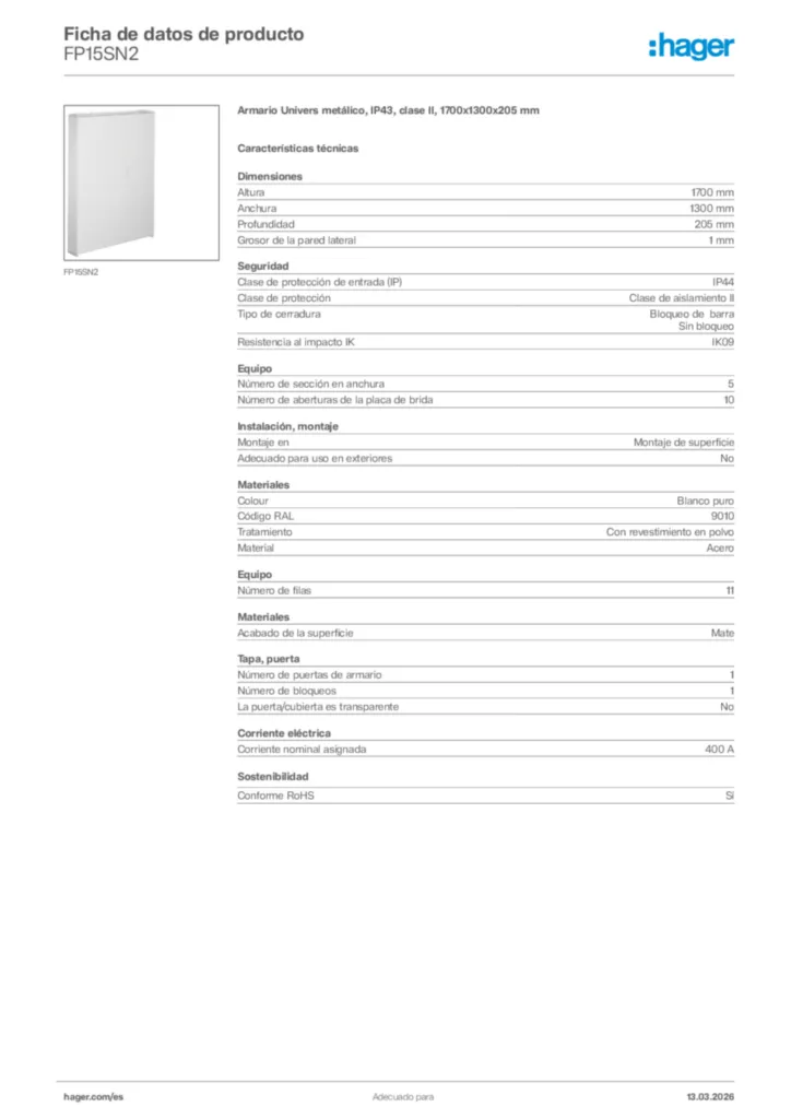 Imagen Hager Ficha de datos de producto FP15SN2 | Hager España