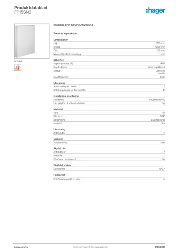 Bild Hager Produktdatablad FP15SN2 | Hager Sverige