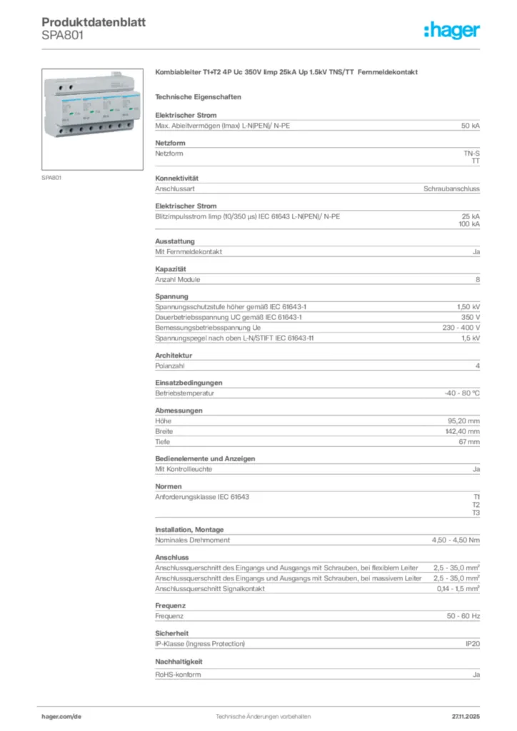 Bild Hager Produktdatenblatt SPA801 | Hager Deutschland