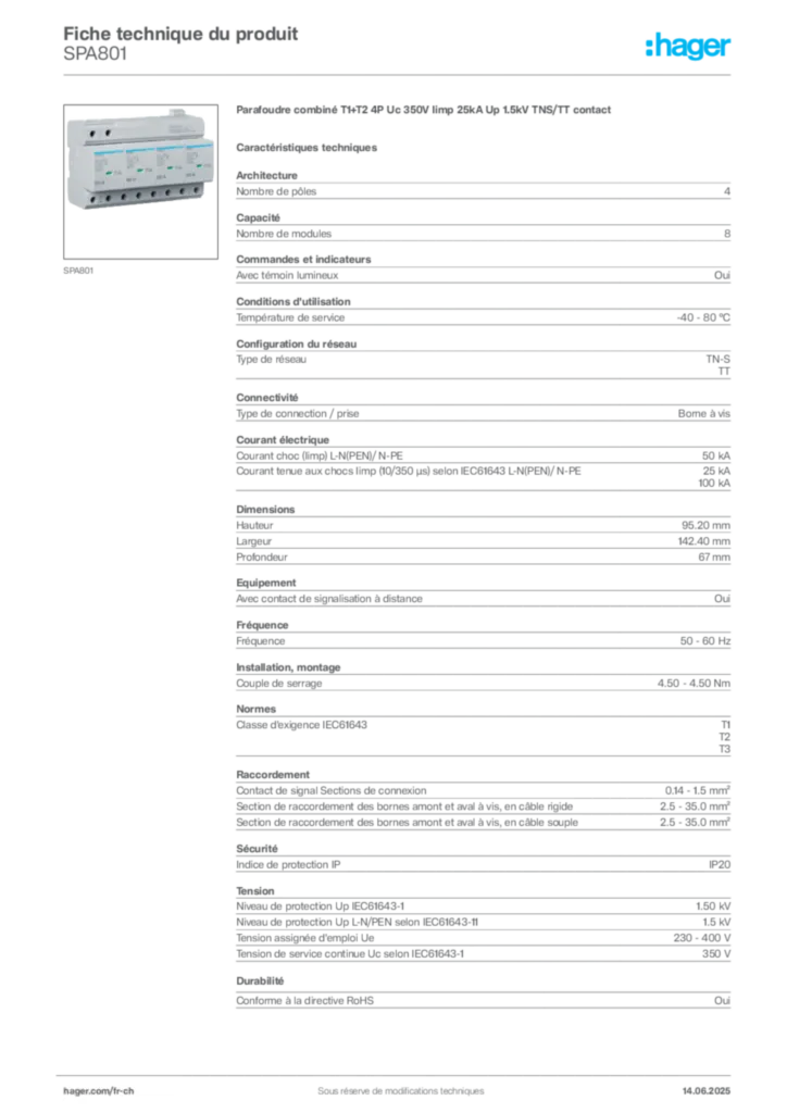Image Hager Fiche technique du produit SPA801 | Hager Suisse