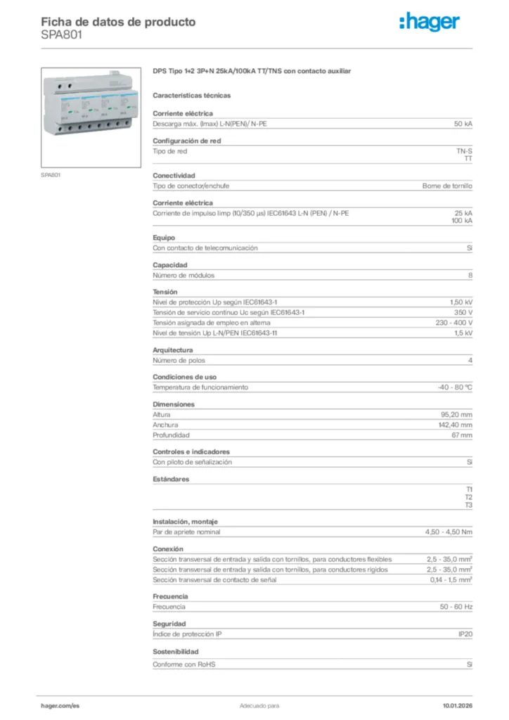 Imagen Hager Ficha de datos de producto SPA801 | Hager España