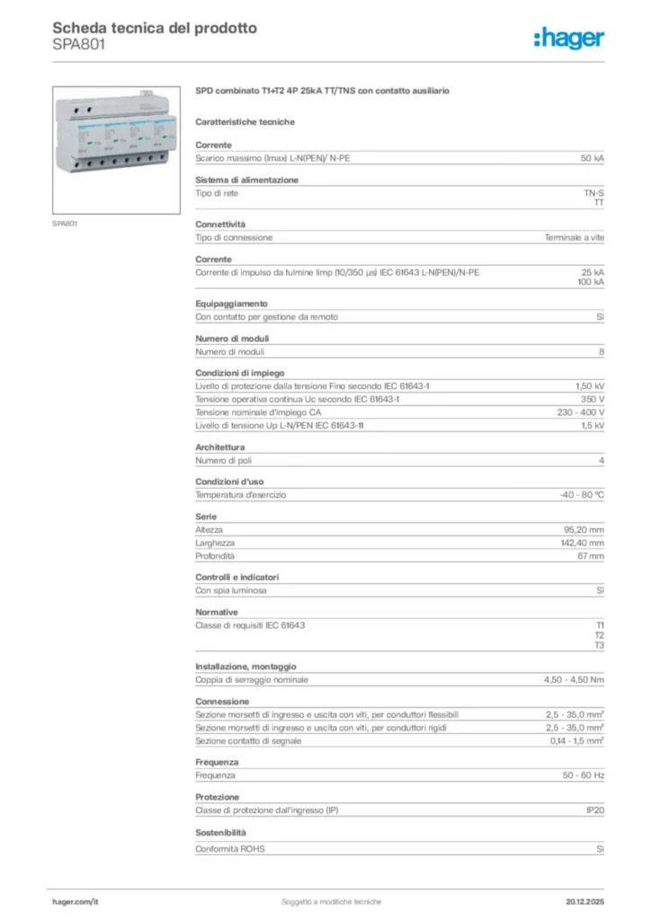 Immagine Hager Scheda tecnica del prodotto SPA801 | Hager Italia