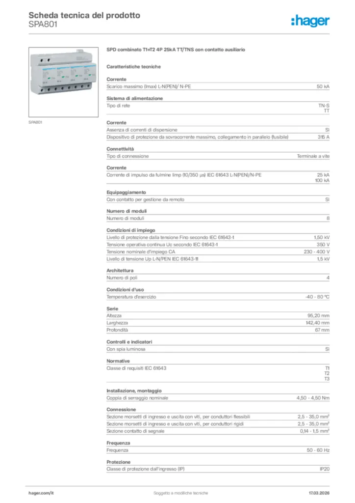 Immagine Hager Scheda tecnica del prodotto SPA801 | Hager Italia