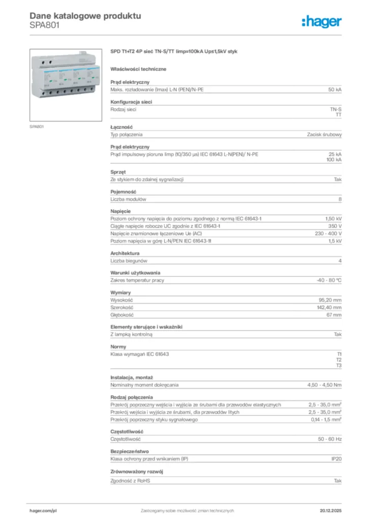 Zdjęcie Hager Karta katalogowa SPA801 | Hager Polska