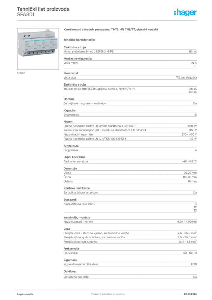 Slika Hager Product data sheet SPA801  | Hager