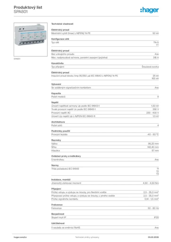 Obrázek Hager Product data sheet SPA801 | Hager