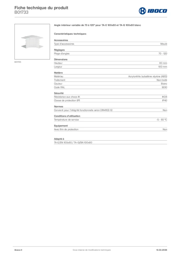 Image Iboco Fiche technique du produit B01733 | Hager France