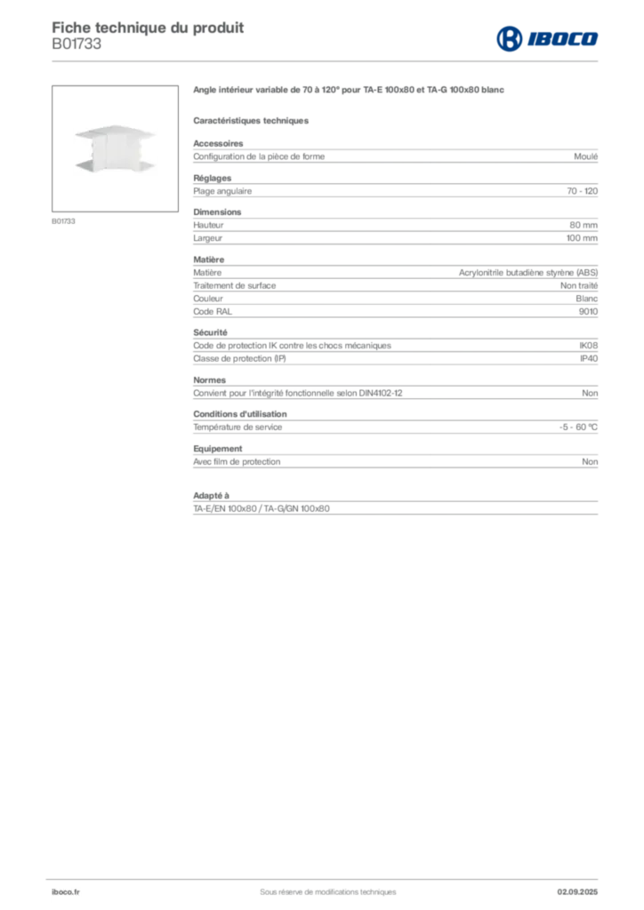 Image Iboco Fiche technique du produit B01733 | Hager France