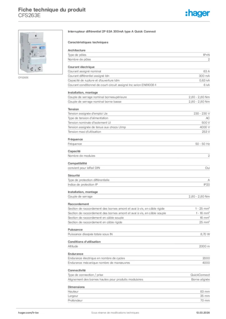 Image Hager Fiche technique du produit CFS263E | Hager Belgique