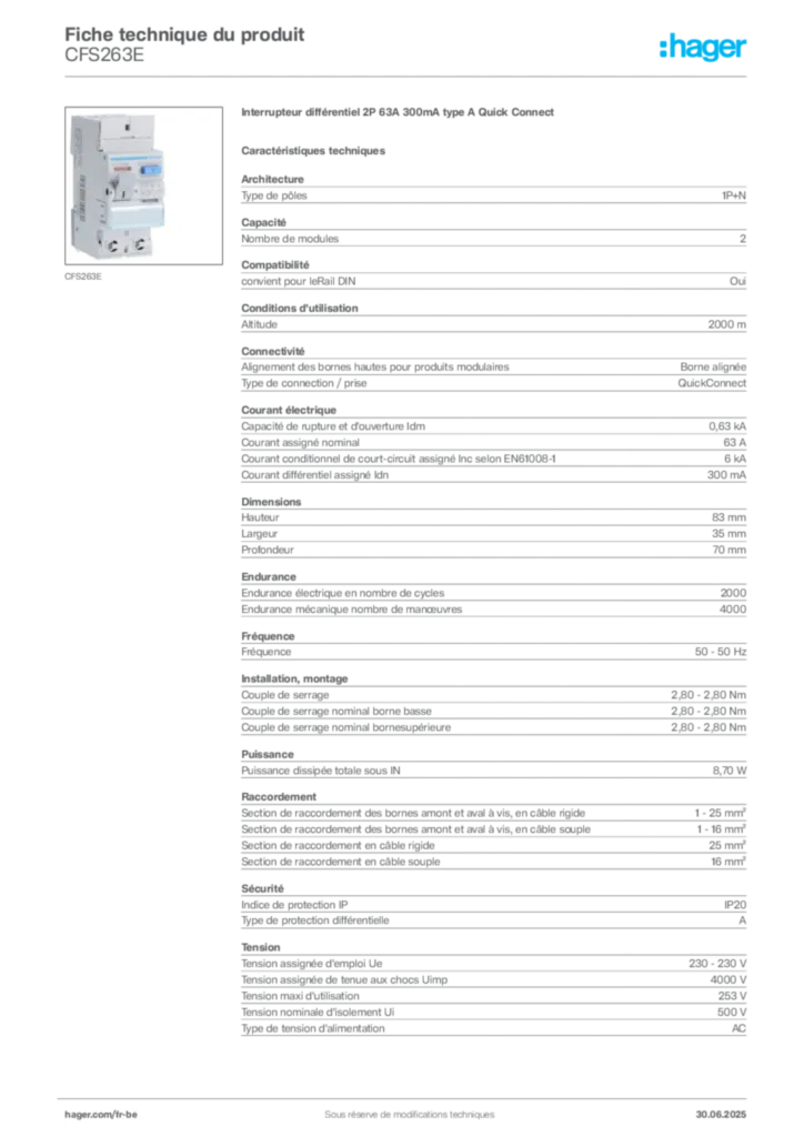 Image Hager Fiche technique du produit CFS263E | Hager Belgique