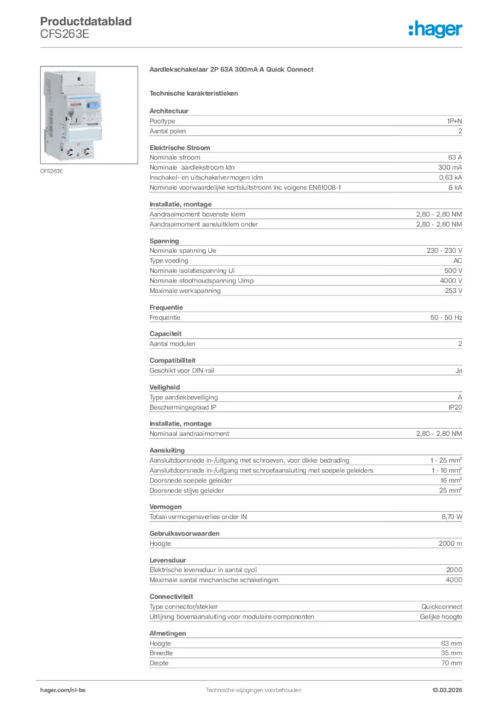 Afbeelding Hager Productdatablad CFS263E | Hager Belgium