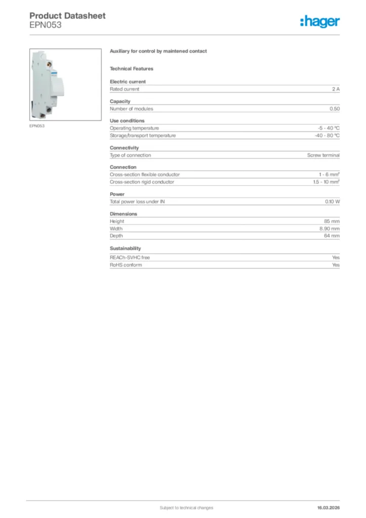 Image Hager Product data sheet EPN053  | Hager Africa