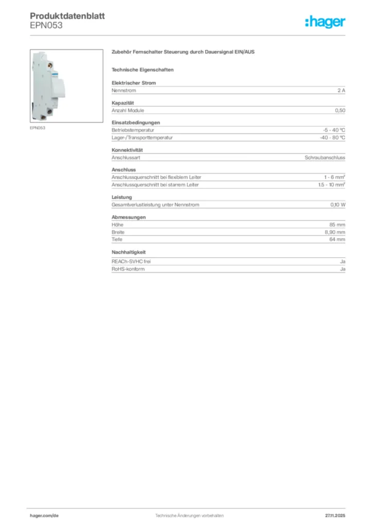 Hager Produktdatenblatt EPN053