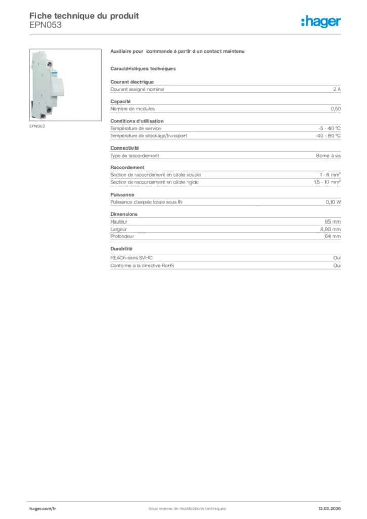 Image Hager Fiche technique du produit EPN053 | Hager France