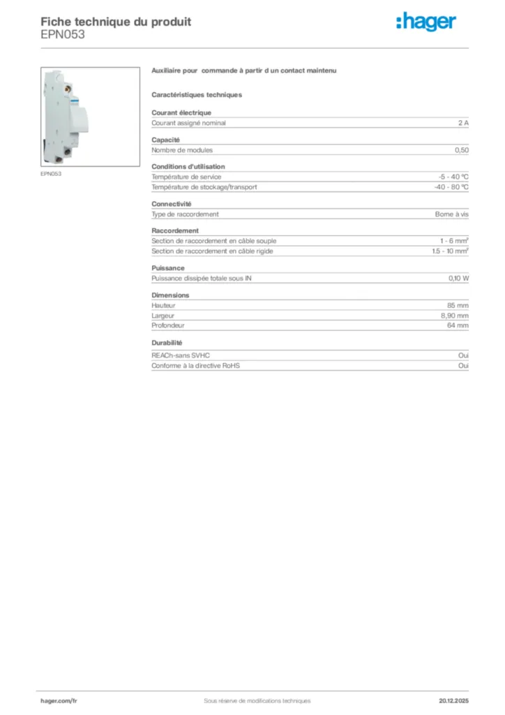 Image Hager Fiche technique du produit EPN053 | Hager France