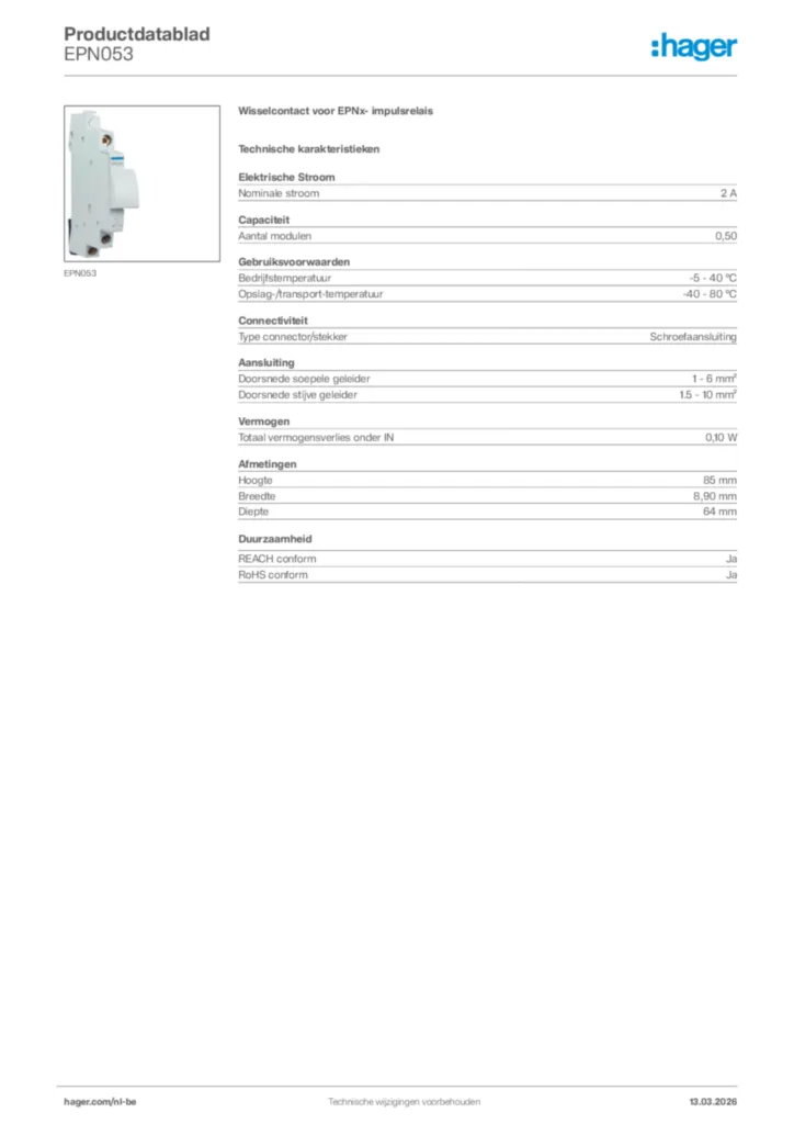 Afbeelding Hager Productdatablad EPN053 | Hager Belgium