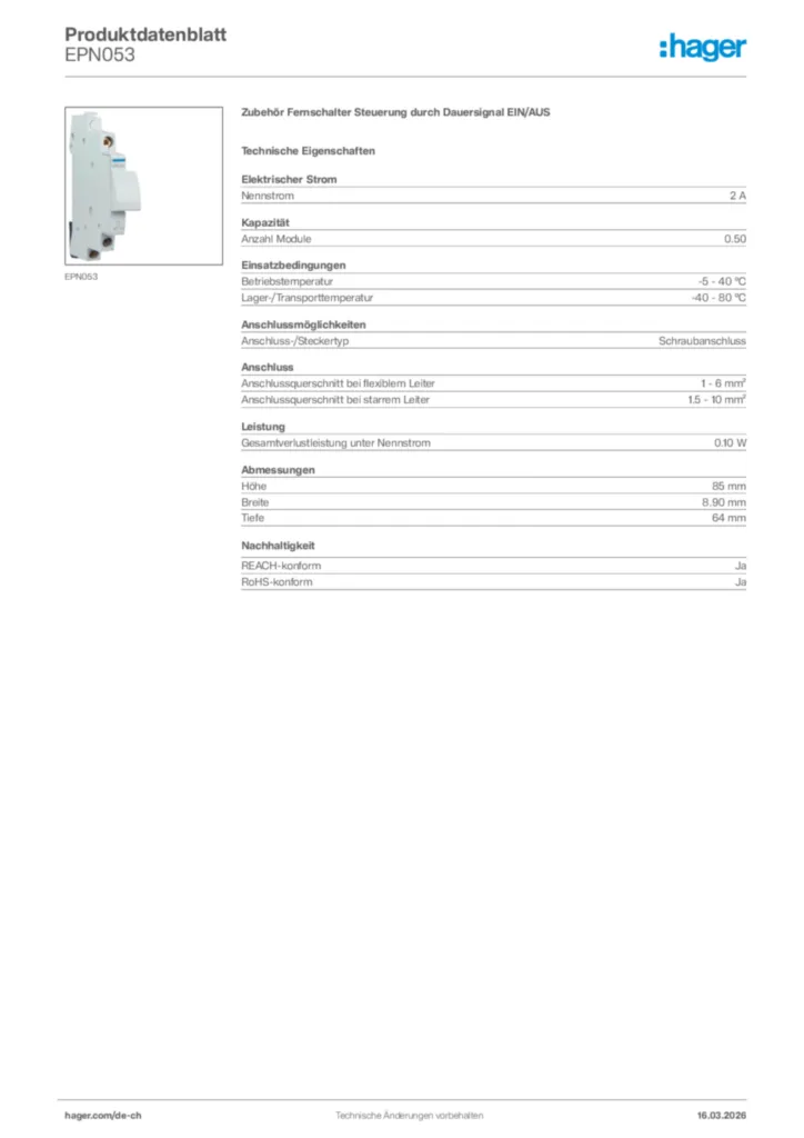Bild Hager Produktdatenblatt EPN053 | Hager Schweiz