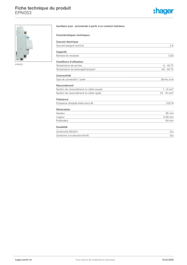 Image Hager Fiche technique du produit EPN053 | Hager Suisse