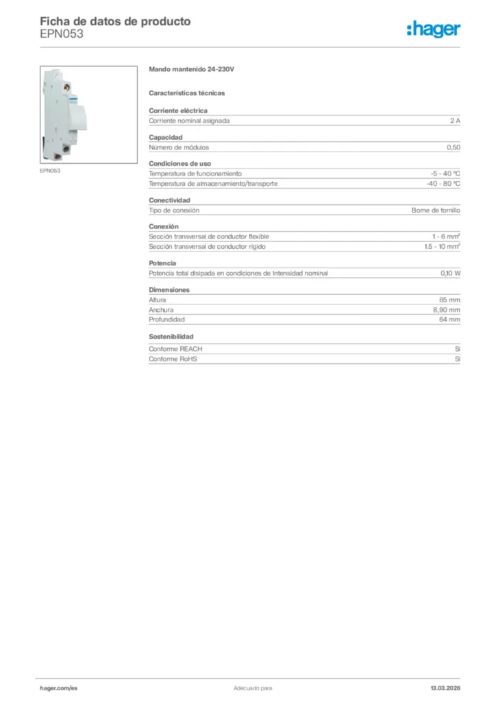 Imagen Hager Ficha de datos de producto EPN053 | Hager España