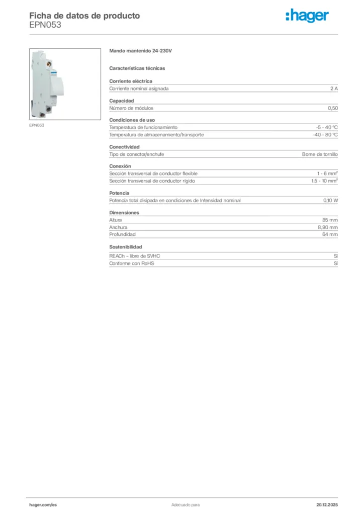 Imagen Hager Ficha de datos de producto EPN053 | Hager España