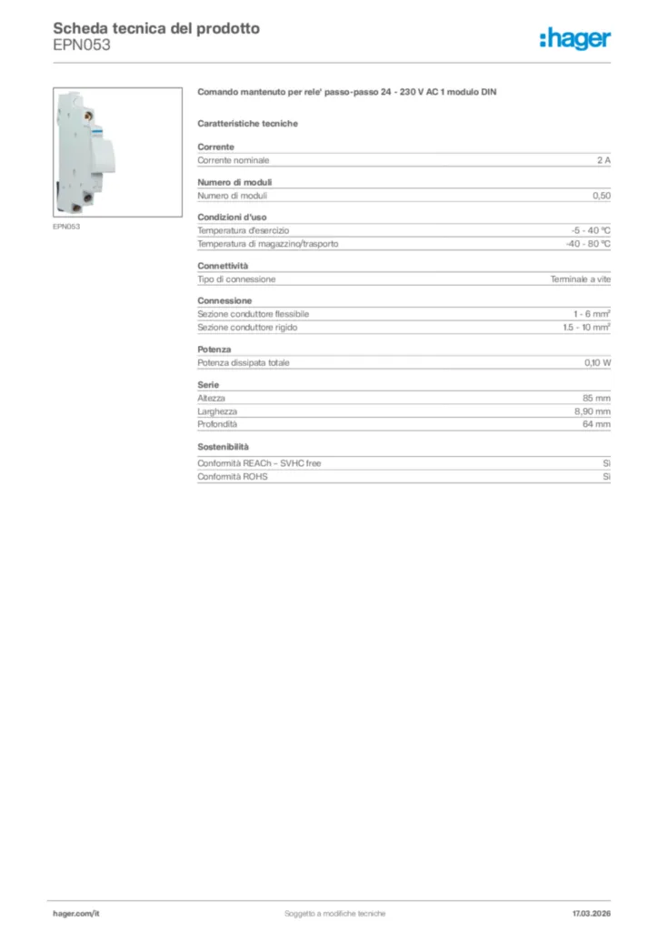 Immagine Hager Scheda tecnica del prodotto EPN053 | Hager Italia